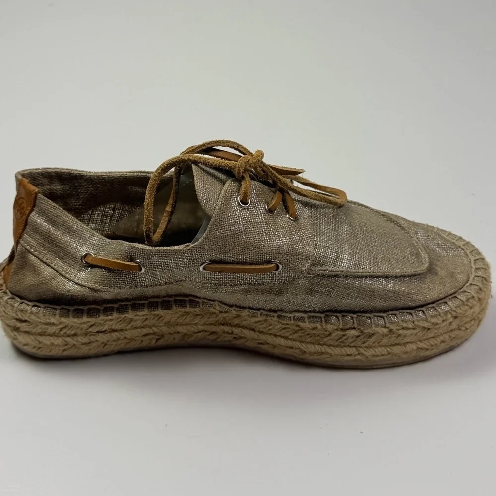 Tory Burch Metallic Gold Canvas Espadrille Boat Shoes Size 10 Made in Spain